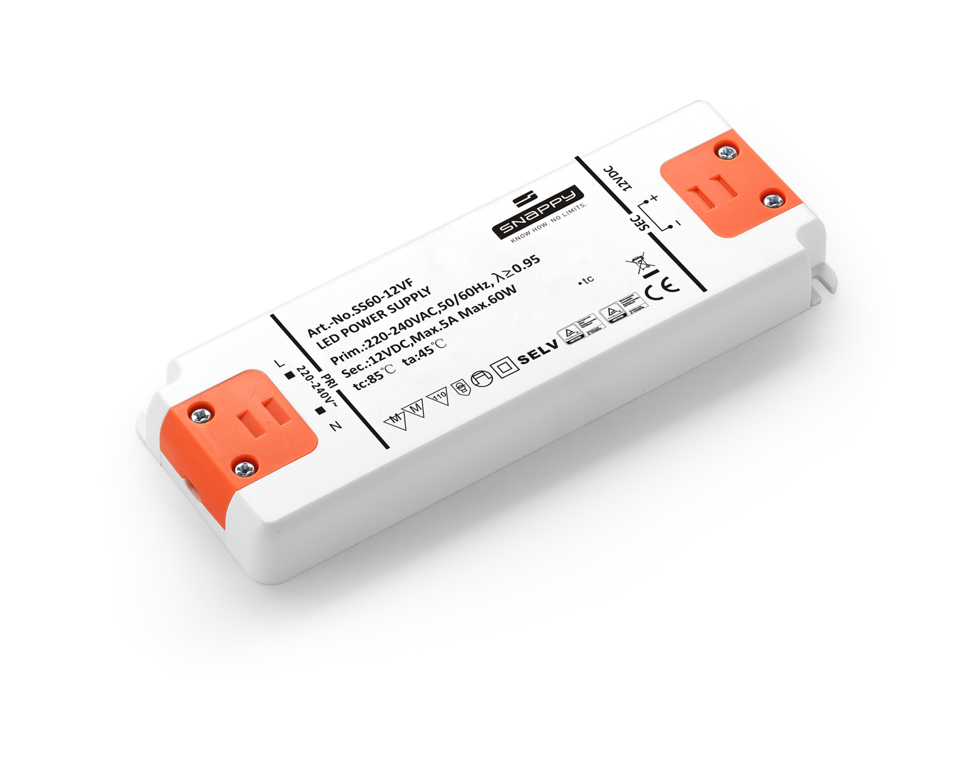 SS60-12VF  SS; 60W; Constant Voltage Non Dimmable PC LED Driver; 12VDC;5A; Pf>0.9; Efficency >85%; TC:+85?; TA:45?; IP20; Screw Connection; 3 yrs Warranty.